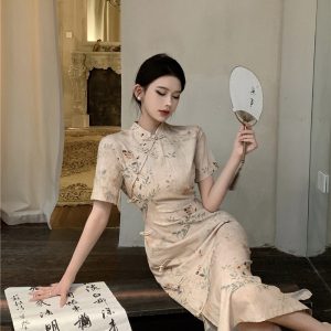 New Chinese Style Waist-Cinched Chiffon Dress Women Summer Short Sleeve Print Modified Qipao Dress