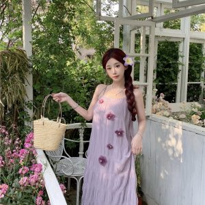 Smog Purple Sleeveless Midi Dress with 3D Floral Pleats for Summer Vacation