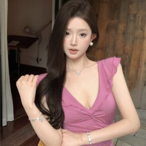 Retro Big V Neck Ruffle Dress Women Sweet Slimming Waist Vacation Long Dress