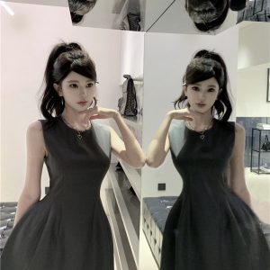 Women's Sleeveless A-Line Mini Dress Summer High Waist Round Neck Zip