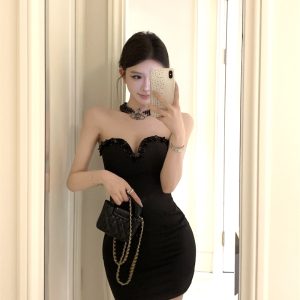 Black Strapless Bodycon Mini Dress with Sequin Detail - Style bcadf5
