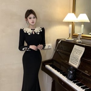 Elegant French Retro Black Lace Trim Mermaid Dress