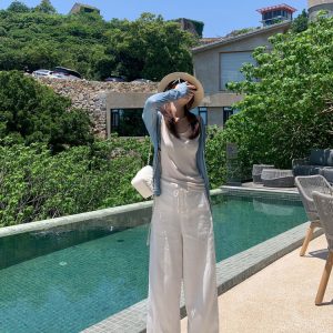 White Linen Wide-Leg Pants Women 2025 Summer High Waist Straight Trousers