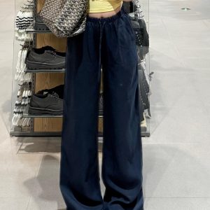 Navy Drawstring Wide-Leg Straight Pants for Women | Summer Commute