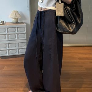 Navy Tencel Linen Wide-Leg Pants for Women Summer Thin Drapey Old Money Style Cotton Linen Casual Straight Pants