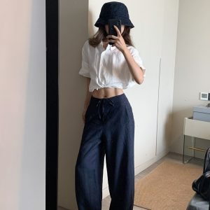 Women's Summer Thin Navy Linen-Look Straight Wide-Leg Pants