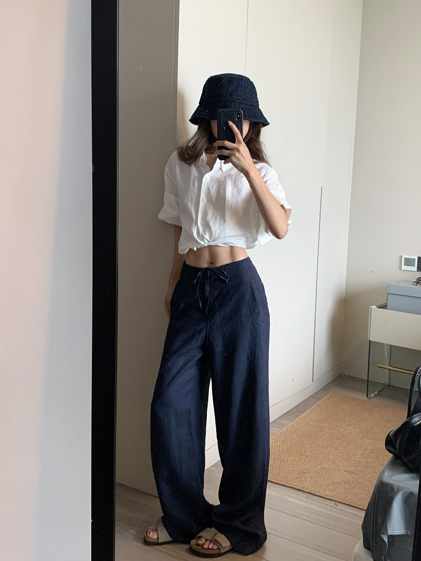 Women's Summer Thin Navy Linen-Look Straight Wide-Leg Pants