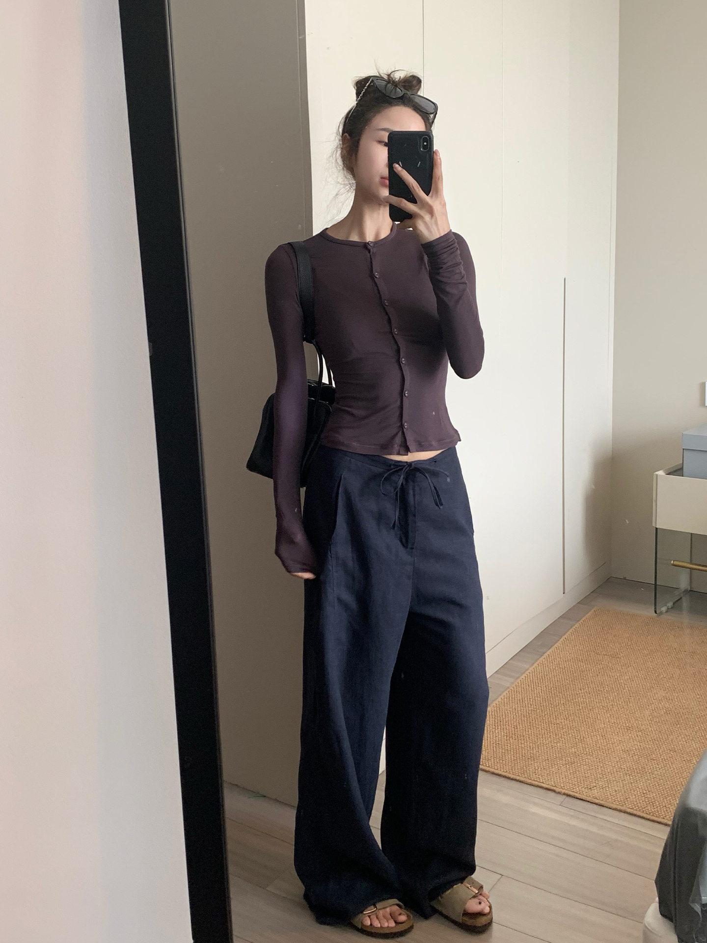 Women's Summer Thin Navy Linen-Look Straight Wide-Leg Pants - Image 2