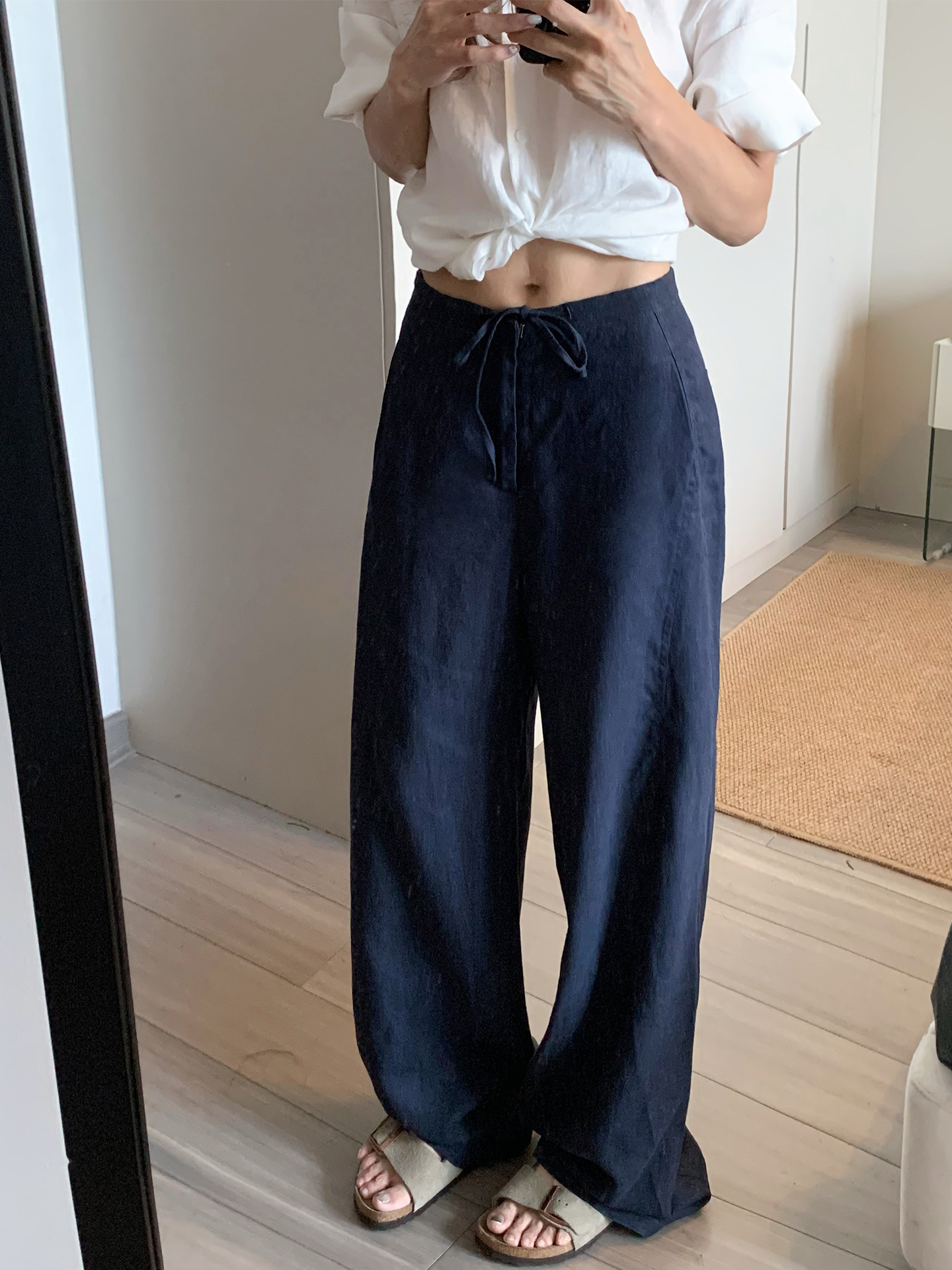 Women's Summer Thin Navy Linen-Look Straight Wide-Leg Pants - Image 3