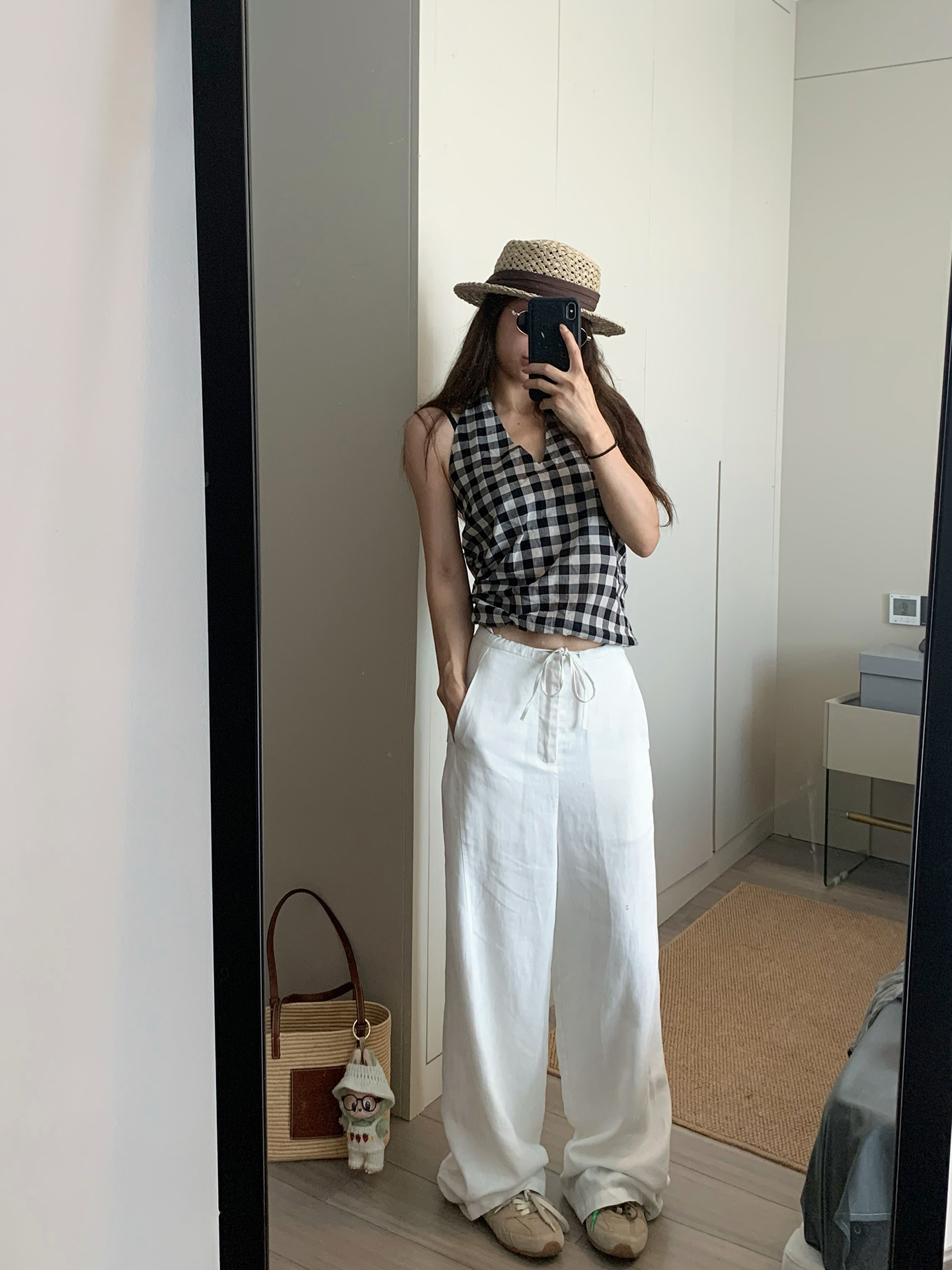 Women's Summer Thin Navy Linen-Look Straight Wide-Leg Pants - Image 4