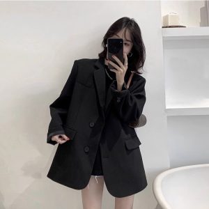 Women's Black Blazer Korean Style Loose Fit Spring Autumn Short Jacket