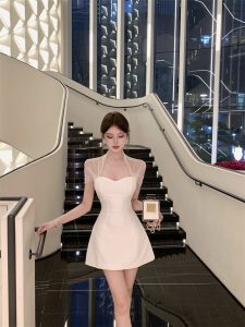 French Style Mesh Panel Waist-Cinched A-Line Short Dress