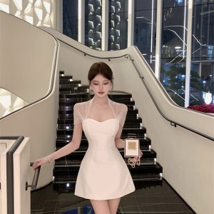 French Style Mesh Panel Waist-Cinched A-Line Short Dress