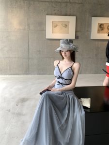 French Blue Mesh V-Neck Cami Dress Women Summer Beach Vacation Birthday Party Wedding Evening Long Dress