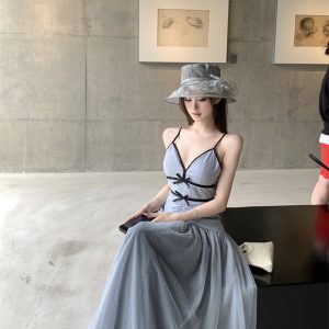 French Blue Mesh V-Neck Cami Dress Women Summer Beach Vacation Birthday Party Wedding Evening Long Dress