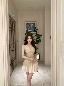 French Cutout Lace Mesh Dress Women's Slimming High Waist A-Line Short Dress
