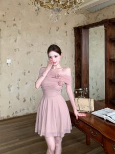 Pink Tulle Halter Strapless Dress with 3D Rose Ruffle Detail