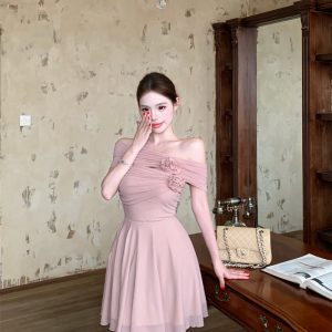 Pink Tulle Halter Strapless Dress with 3D Rose Ruffle Detail