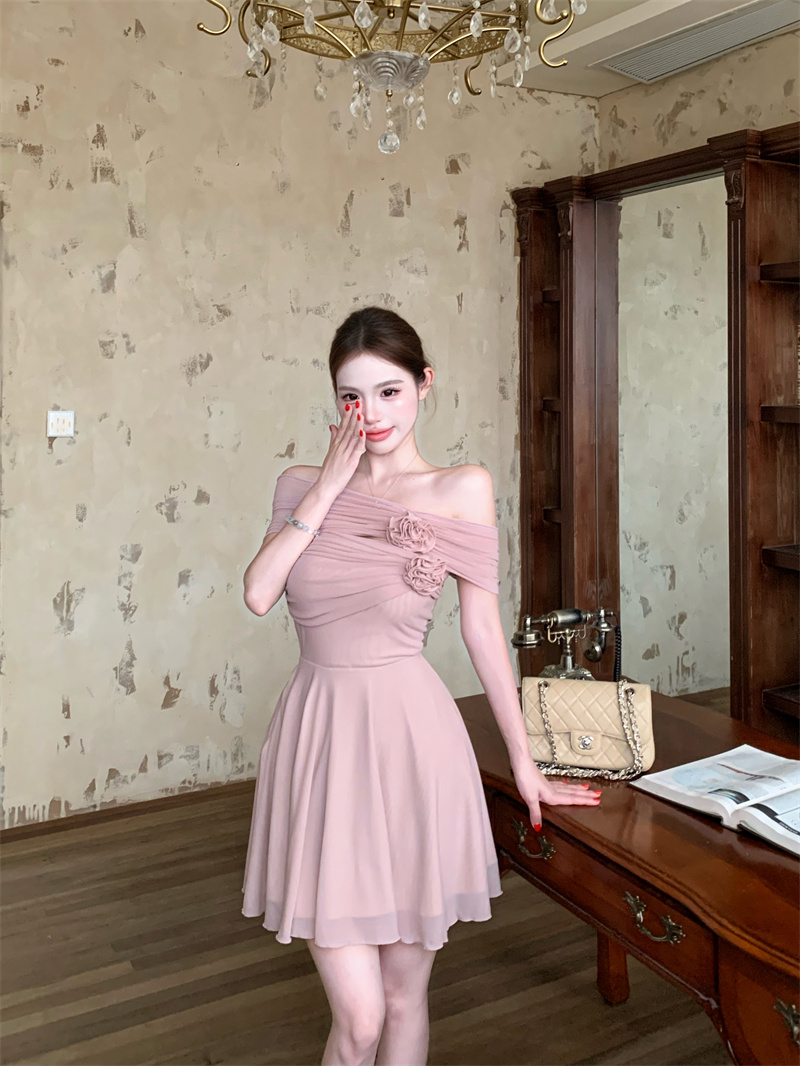 Pink Tulle Halter Strapless Dress with 3D Rose Ruffle Detail