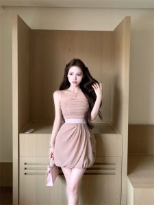 Nude Pink Tulle Strapless Bodycon Mini Dress for Women