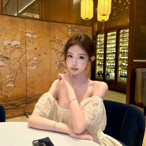 Off-Shoulder Ruffled A-Line Dress with Lace Panel