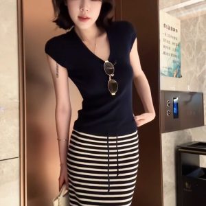 Slimming Striped Knit Two-Piece Set for Women - Summer High Waist Skirt and Top
