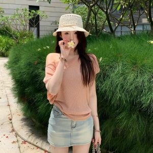 Korean Style Soft Lazy Pink Ice Silk Knit Short Sleeve Women Summer Top - Style b91a87