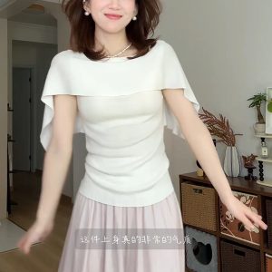 Off-Shoulder Cape Short-Sleeve Knit Top for Women Summer Relaxed Fit Waist-Cinching Drape