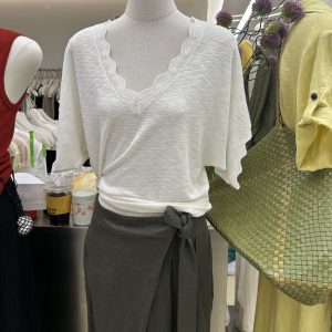 Women's Summer V-Neck Short Sleeve Lace Trim Loose Fit Top