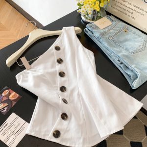 Women Summer Sleeveless One-Shoulder Button Waist Vest Top