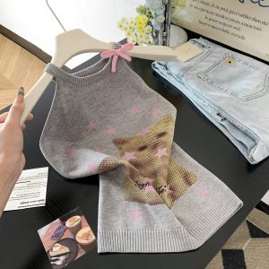 Cat Print Bow Halter Cami Women Summer Short Knit Tank Top