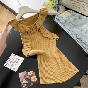 French Sweet Ruffle Cami Knit Top for Women Summer New Design Niche Vest