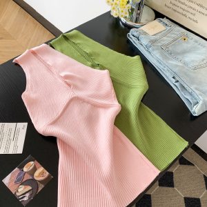 Women's One-Shoulder Cutout Knit Camisole Slim Fit Sleeveless Top