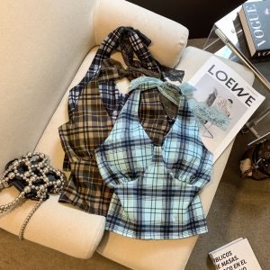 Retro Plaid V-Neck Halter Cami Top with Pads Women Sexy Backless Off-Shoulder Sleeveless