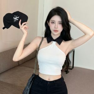 Women's Halter Color Block Collared Camisole Sexy Summer Sleeveless Top