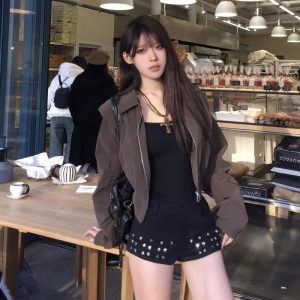 Women's American Retro Cropped Jacket Cotton Button Front Solid Coffee
