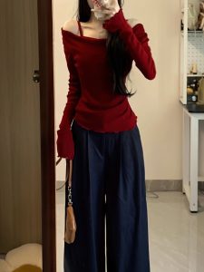 Off-Shoulder Faux Two-Piece Knit Top for Women Fall 2026 Ruffle Detail