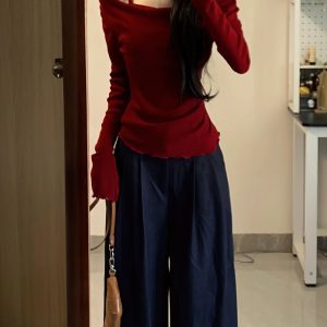 Off-Shoulder Faux Two-Piece Knit Top for Women Fall 2026 Ruffle Detail