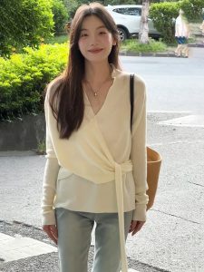 In Stock Multi-Way French Cross Knit Top Gentle Soft Elastic Versatile Women Autumn - Style 624b15