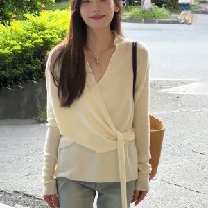 In Stock Multi-Way French Cross Knit Top Gentle Soft Elastic Versatile Women Autumn - Style 624b15