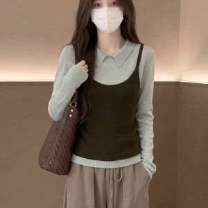 Early Autumn Korean Retro Two-Piece Knit Sweater and Camisole Set for Women - Style 34e004
