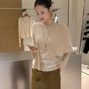 Early Autumn Asymmetric Faux Two-Piece Slimming Long Sleeve Knit Top - Style ac2f6d