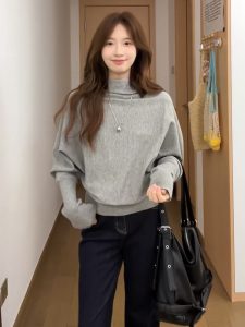 Gray Half Turtleneck Batwing Sleeve Pullover Sweater for Women Fall Loose Knit Top - Style 34e1e7