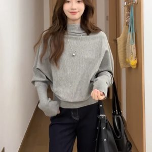 Gray Half Turtleneck Batwing Sleeve Pullover Sweater for Women Fall Loose Knit Top - Style 34e1e7