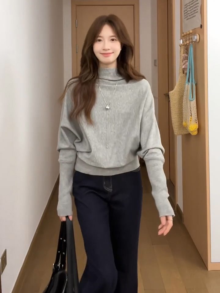 Gray Half Turtleneck Batwing Sleeve Pullover Sweater for Women Fall Loose Knit Top - Style 34e1e7 - Image 4