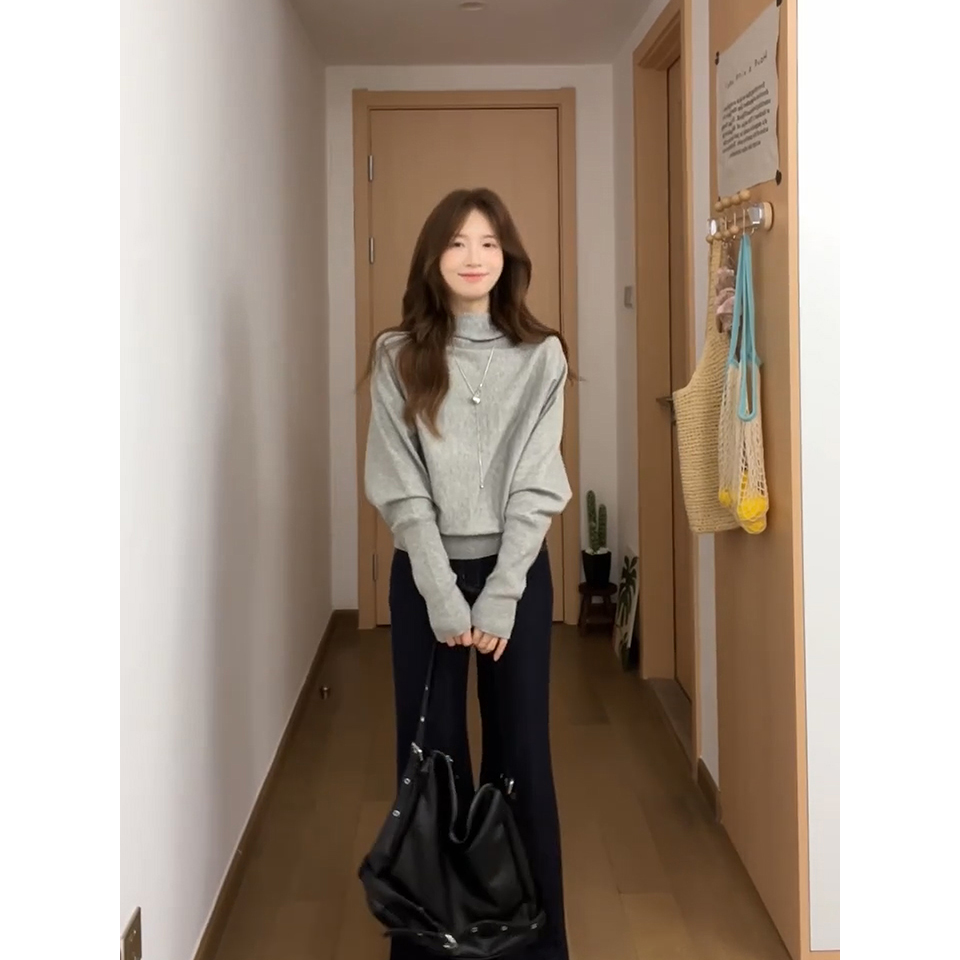 Gray Half Turtleneck Batwing Sleeve Pullover Sweater for Women Fall Loose Knit Top - Style 34e1e7 - Image 5