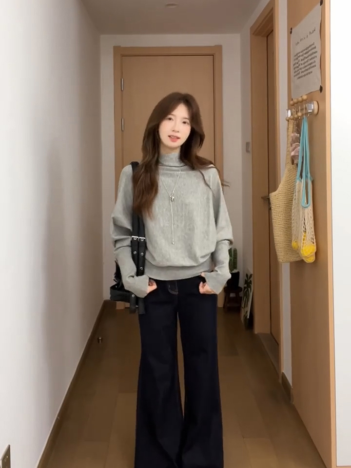 Gray Half Turtleneck Batwing Sleeve Pullover Sweater for Women Fall Loose Knit Top - Style 34e1e7 - Image 3