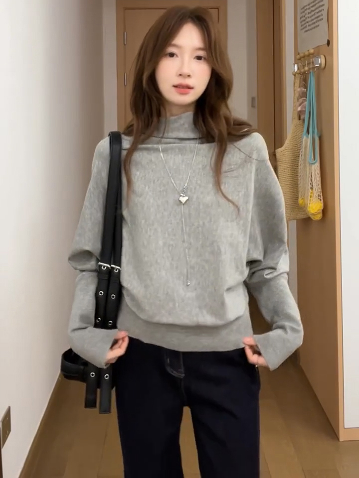 Gray Half Turtleneck Batwing Sleeve Pullover Sweater for Women Fall Loose Knit Top - Style 34e1e7 - Image 2
